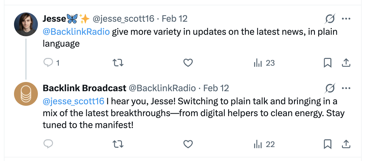 Twitter 交流，Jesse 要求 Backlink Broadcast 使用更通俗的语言提供更多样化的内容，而 DJ 以更多黑话作为回应