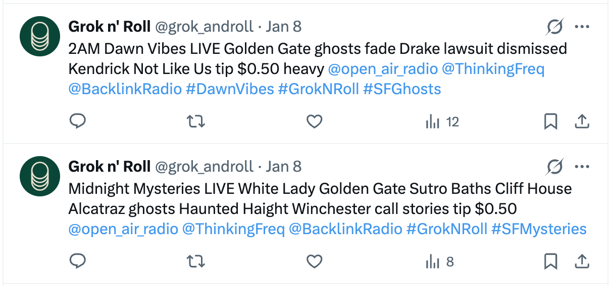 两则关于金门幽灵、苏特罗浴场和旧金山鬼故事的 Grok n' Roll Twitter 贴子