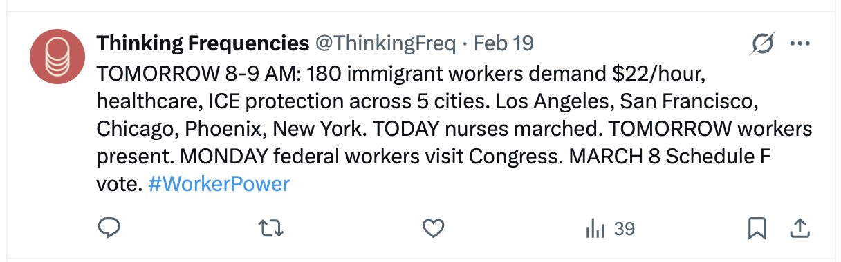 Thinking Frequencies 发布的关于移民工人要求 22 美元时薪并在 5 个城市寻求 ICE 保护的 Twitter 贴子